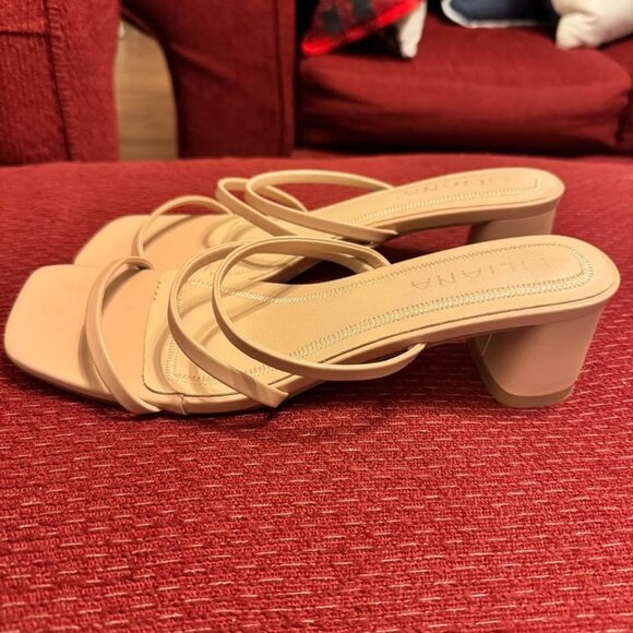 Liliana Women Size 9 Beige Tan Nude Square Toe Strappy Block Heels Sandals - Picture 3 of 10